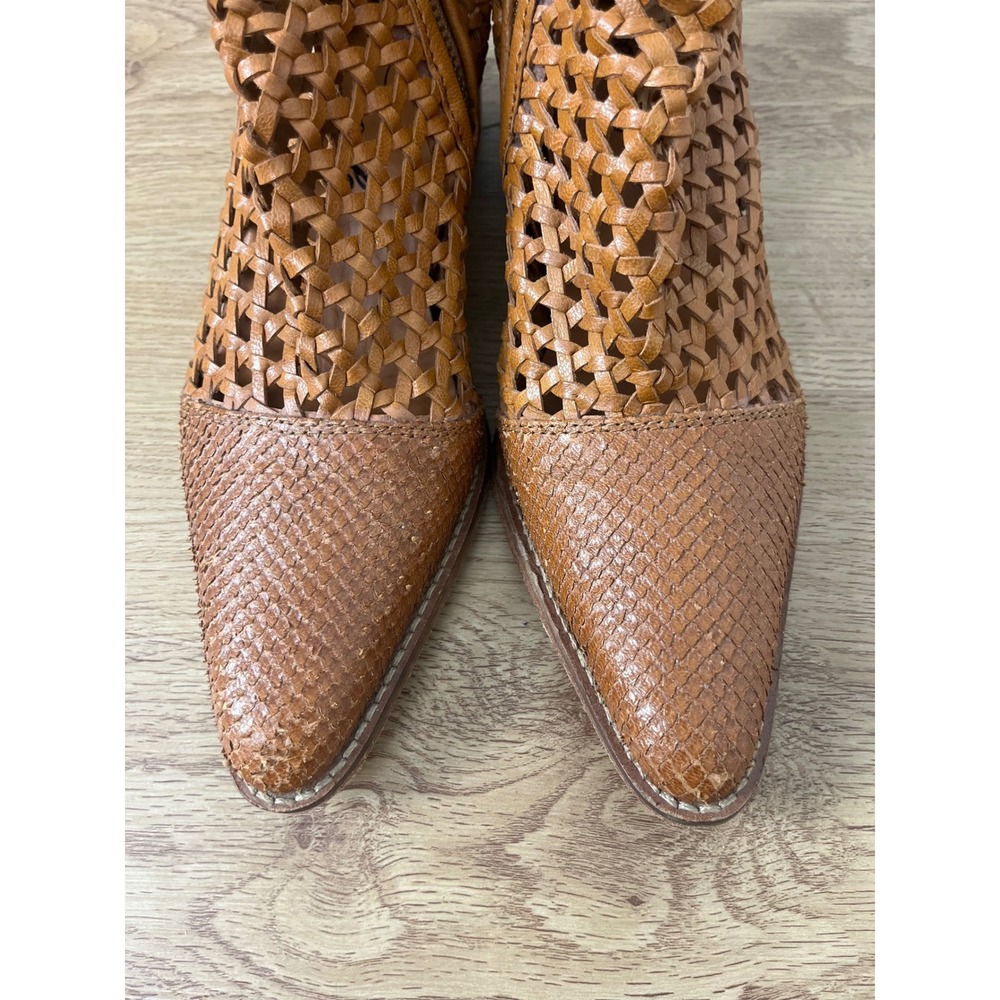 Free People Boho Woven Leather Ankle Boots Women 37 Tan Pointed Toe‎ Block Heel - Picture 6 of 12